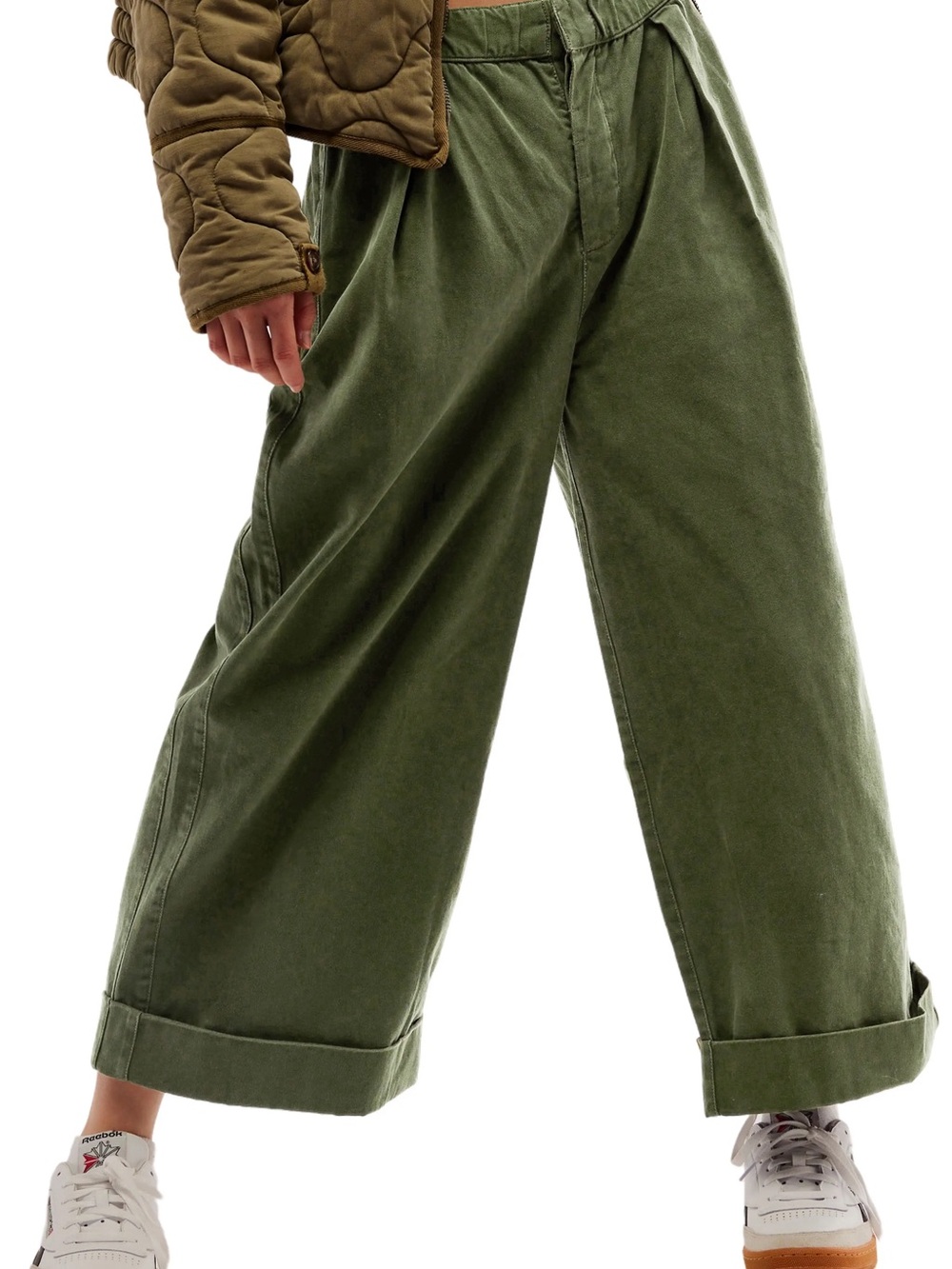Free People After Love Roll Cuff Olive Green Wide-Leg Utility Pants